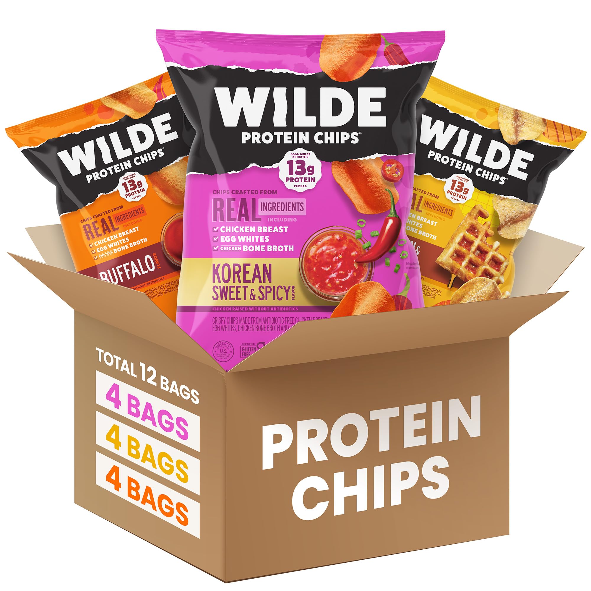 WILDE Protein Chips Variety Pack with twelve 1.34oz bags in a pack shot