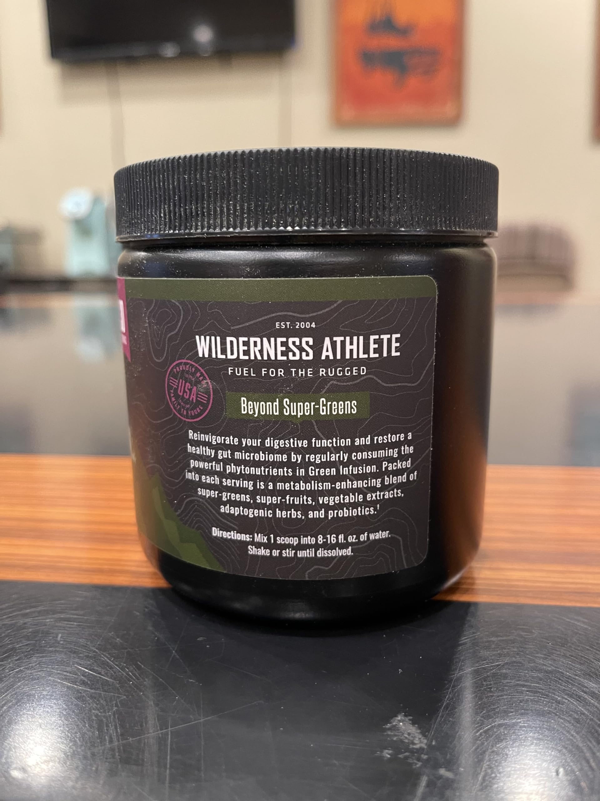 Back of Wilderness Athlete Green Infusion Chocolate Mint tub showing nutrition label