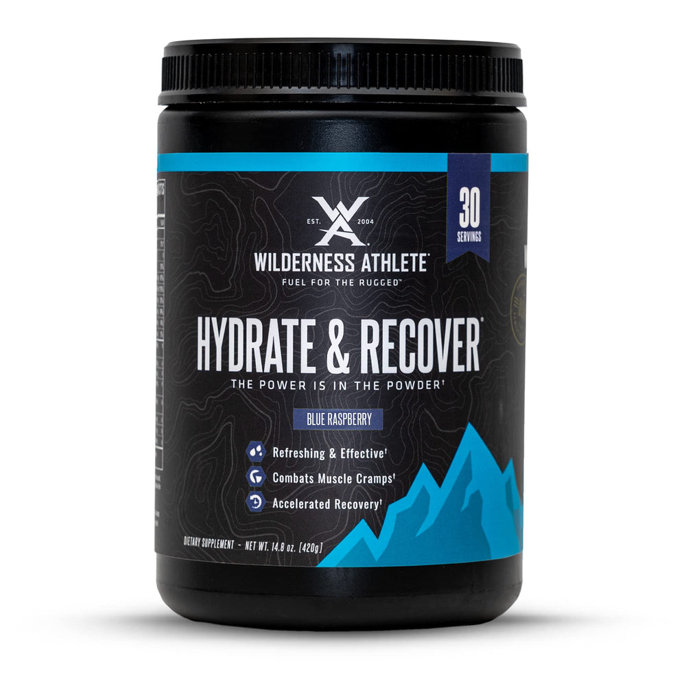 Wilderness Athlete Hydrate and Recover blue-raspberry tub for quick workout hydration.