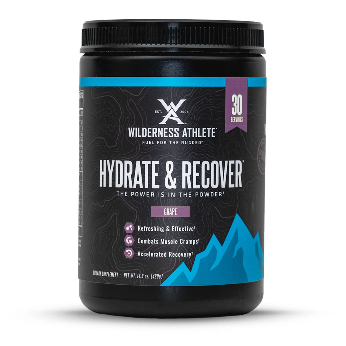 Wilderness Athlete Hydrate & Recover grape tub front — ready-to-mix hydration option.