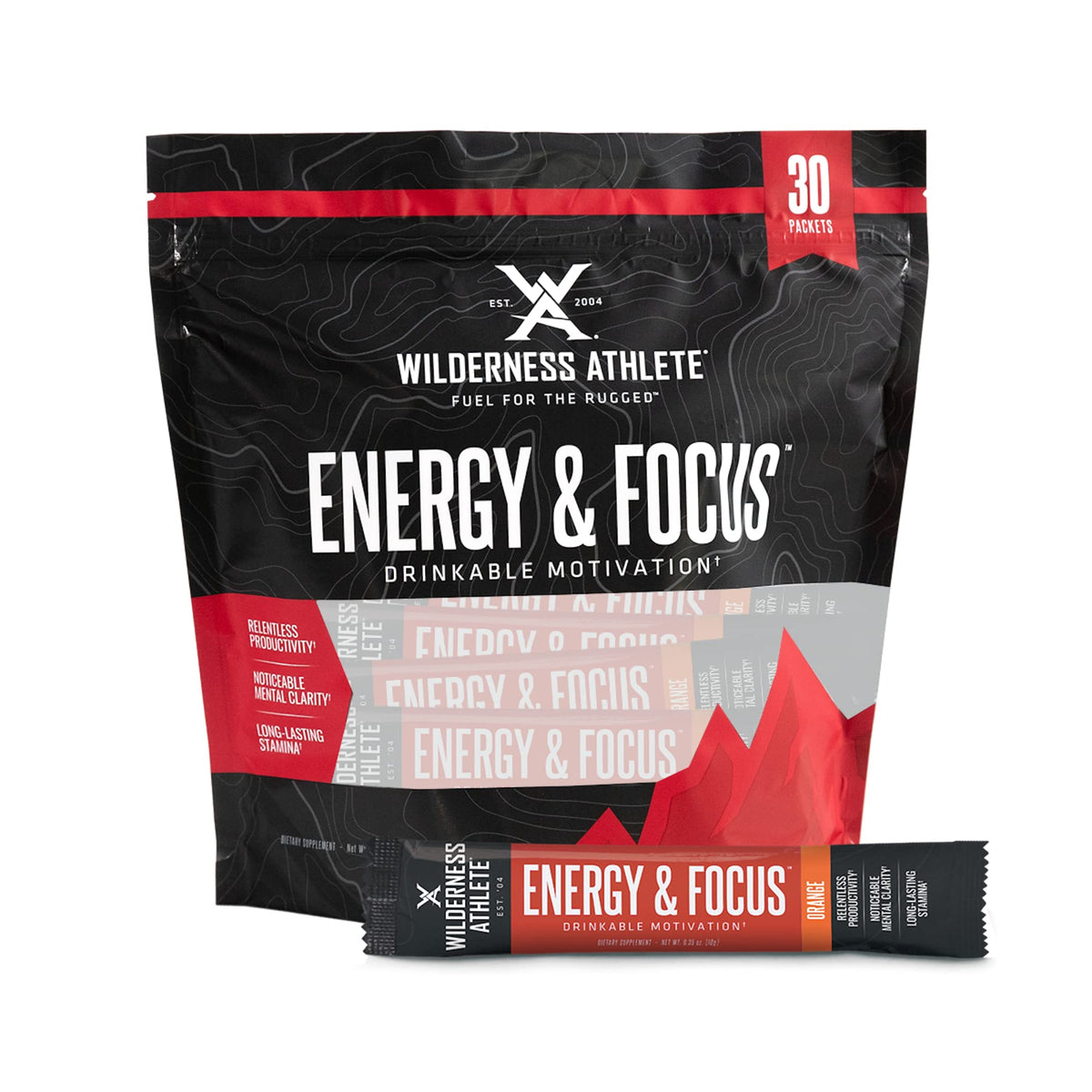 Wilderness Athlete orange energy drink packets closeup for on-the-go workout boost