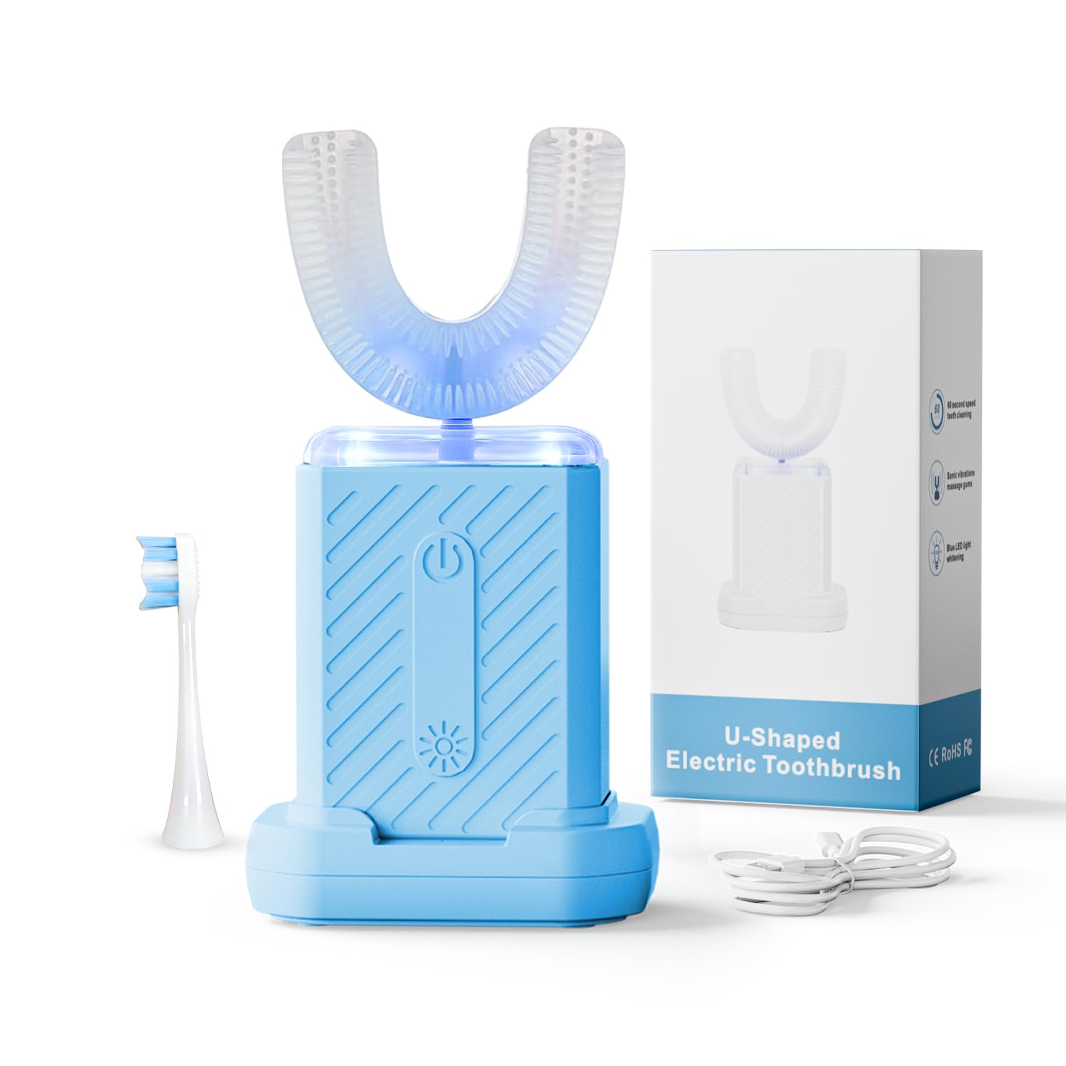 WILDWELLO U-shaped electric toothbrush with silicone mouthpiece on charging dock