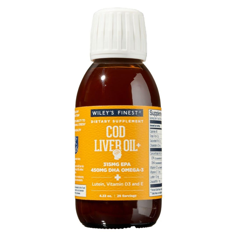 Wiley's Finest Cod Liver Oil orange flavor bottle with 25 servings