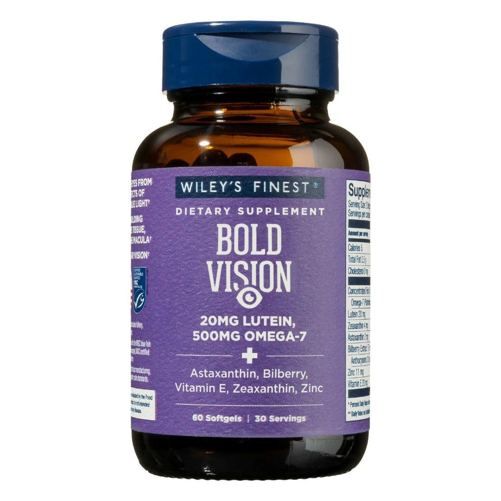 Front view of Wiley's Finest Bold Vision Fish Oil bottle with 60 softgels