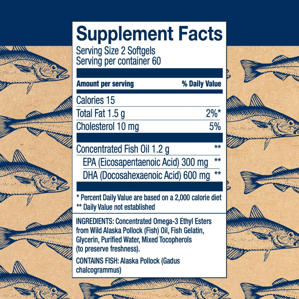 Nutrition label showing 600 mg DHA and 300 mg EPA per serving