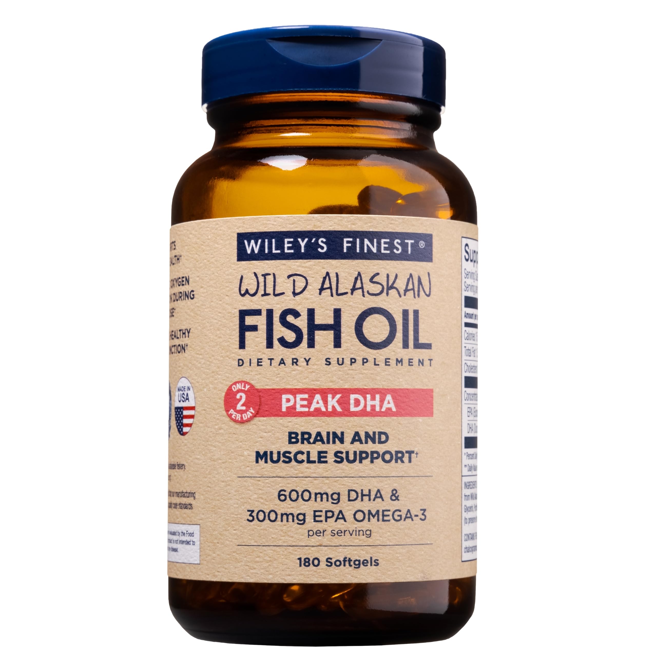 Wiley's Finest Wild Alaskan Fish Oil Peak DHA bottle with 180 softgels