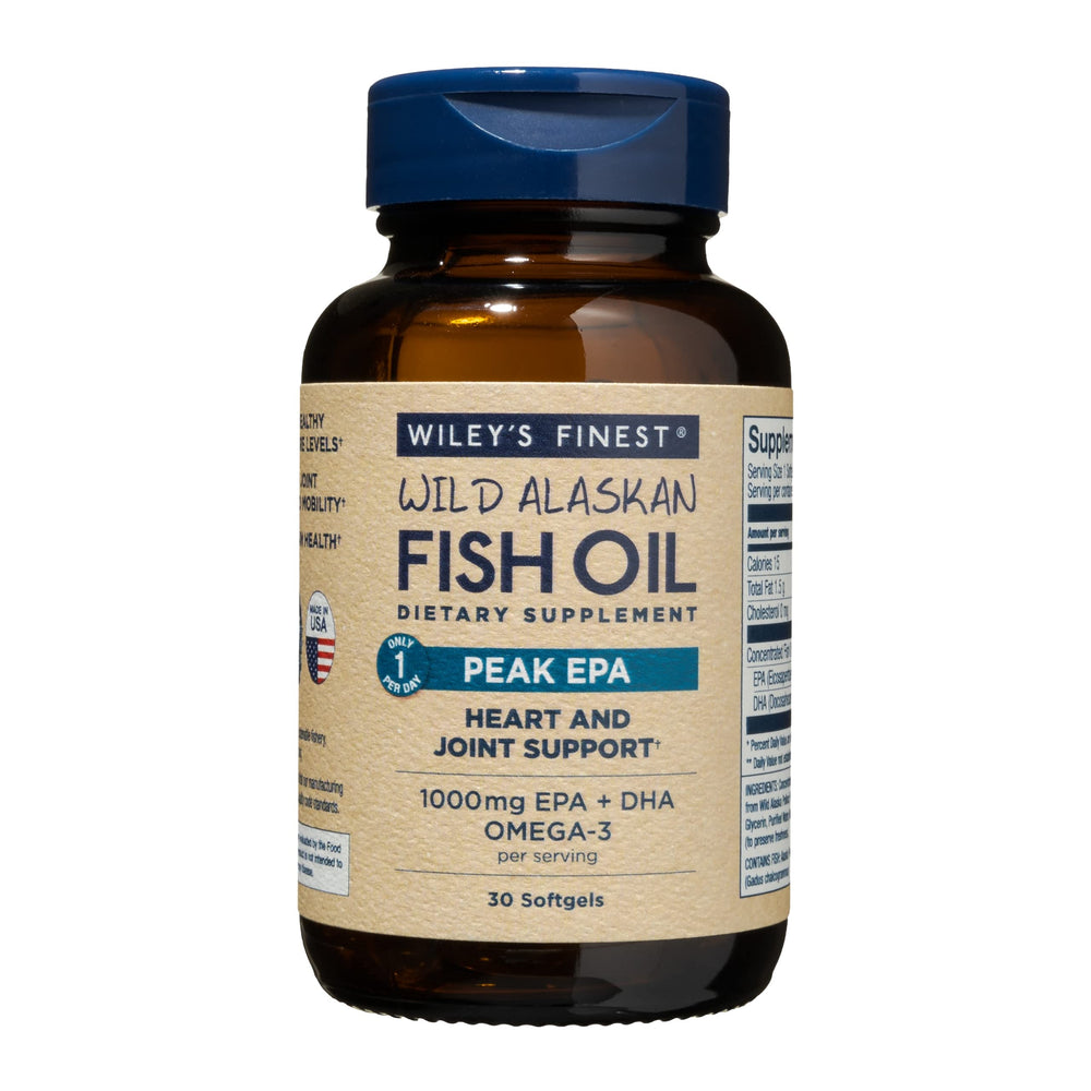 Hero image of Wiley's Finest Wild Alaskan Fish Oil Peak EPA bottle and softgels