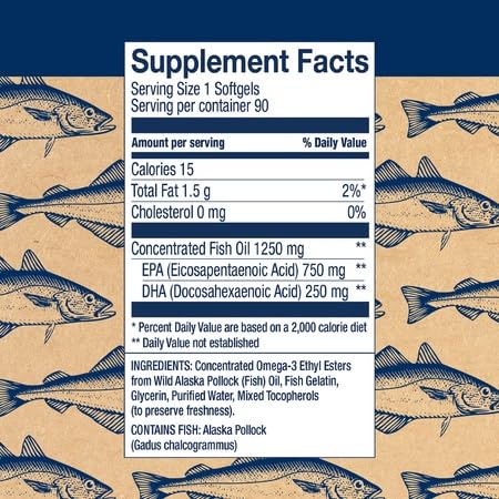 Label showing 750mg EPA and 250mg DHA per serving