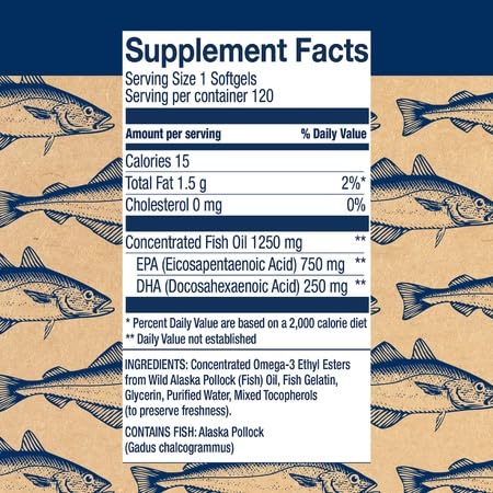 Supplement facts: 750mg EPA and 250mg DHA per softgel