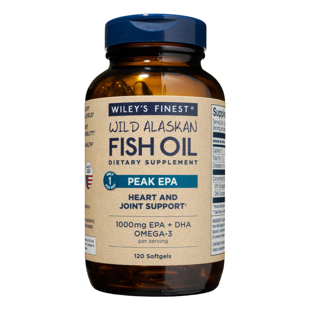 Bottle of Wiley's Finest Wild Alaskan Fish Oil Peak EPA - 120 softgels