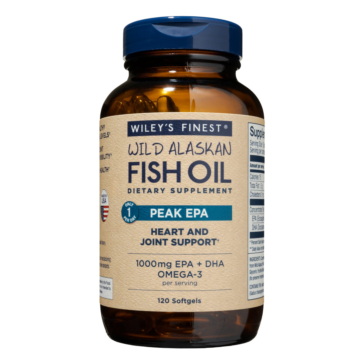 Bottle of Wiley's Finest Wild Alaskan Fish Oil Peak EPA - 120 softgels