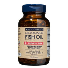 Front view of Wiley's Finest Wild Alaskan Fish Oil Prenatal DHA bottle with 120 softgels
