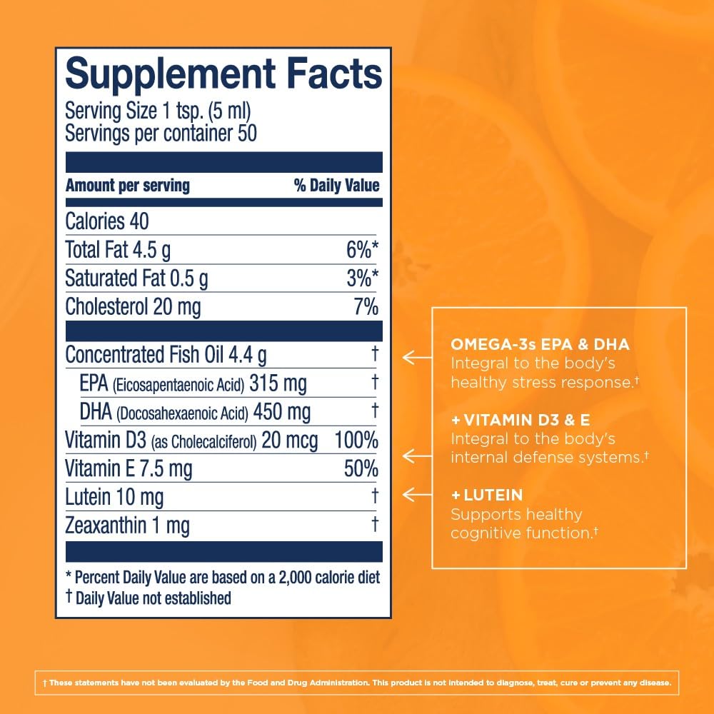 Label close-up of orange-flavored cod liver oil bottle
