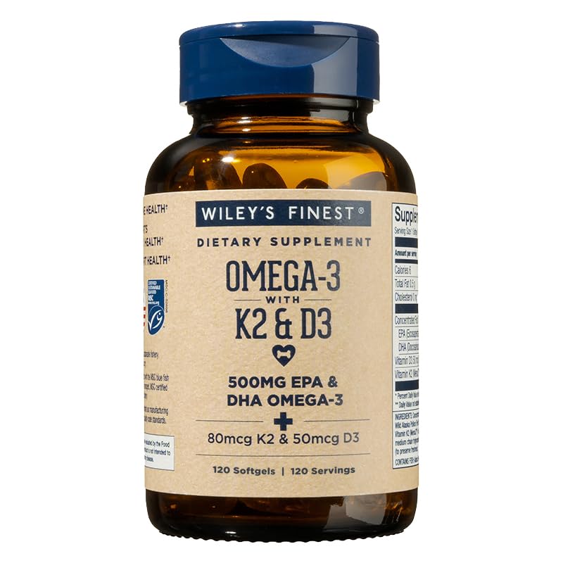 Bottle of Wiley's Finest Wild Alaskan Fish Oil K2 & D3 Softgels