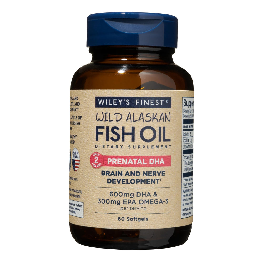 Bottle of Wiley's Finest Wild Alaskan Fish Oil Prenatal DHA 60 softgels
