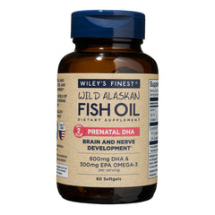 Bottle of Wiley's Finest Wild Alaskan Fish Oil Prenatal DHA 60 softgels