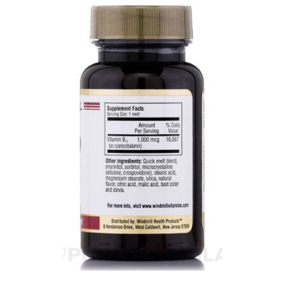 Close-up of Windmill B-12 1000 mcg quick-melt tablets assorted packaging