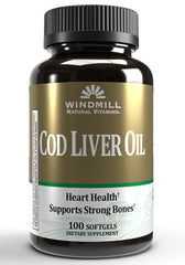 Close-up of Cod Liver Oil Softgels from Windmill bottle, 100 softgels