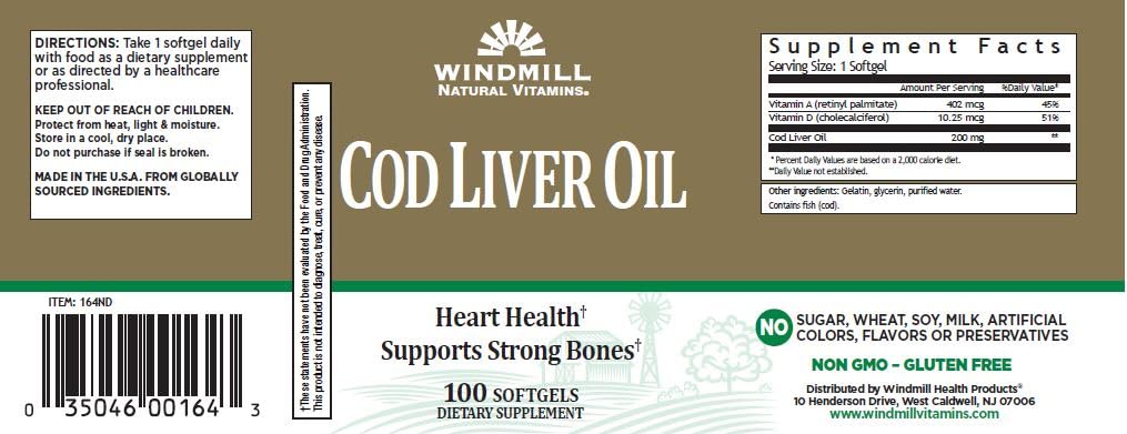 Back of Windmill Cod Liver Oil Softgels bottle showing no artificial colors, flavors or preservatives