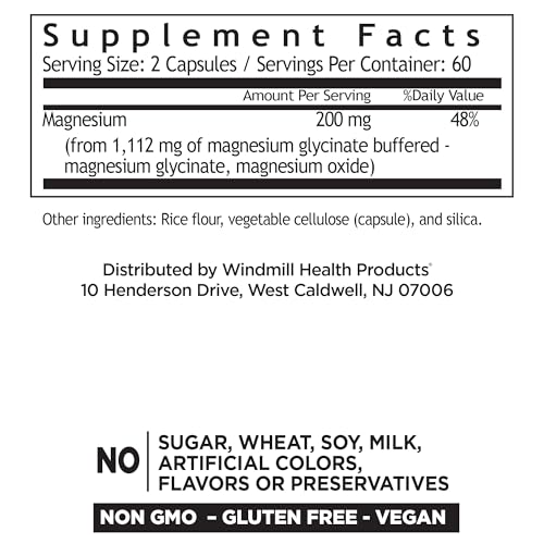 Label on Windmill Magnesium Glycinate 200 mg bottle