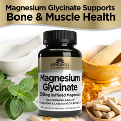 Nutrition facts panel for Windmill Magnesium Glycinate 200 mg