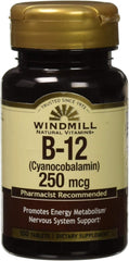 Bottle of Windmill Vitamin B-12 100 mcg tablets
