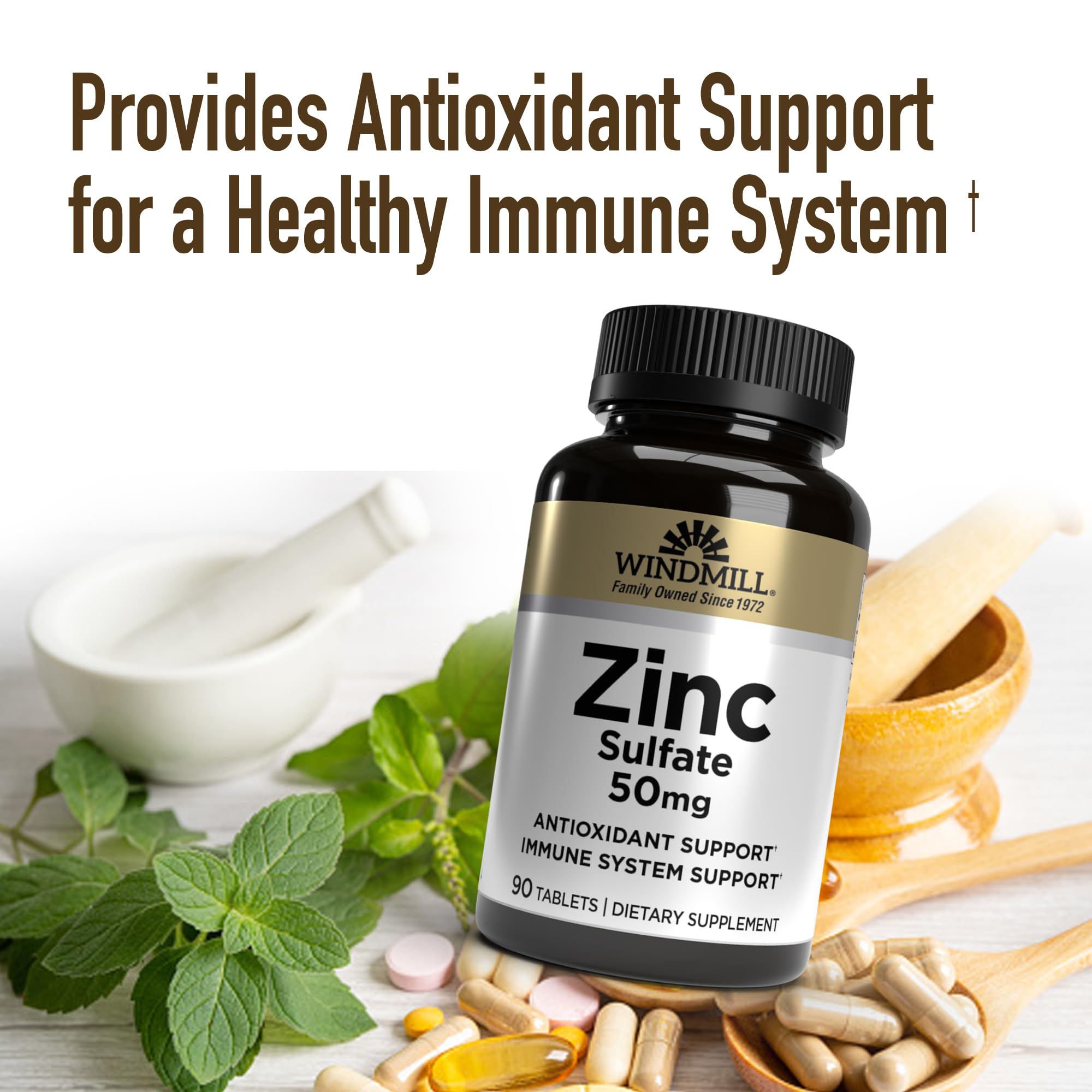 Graphic representing antioxidant support from zinc sulfate tablets