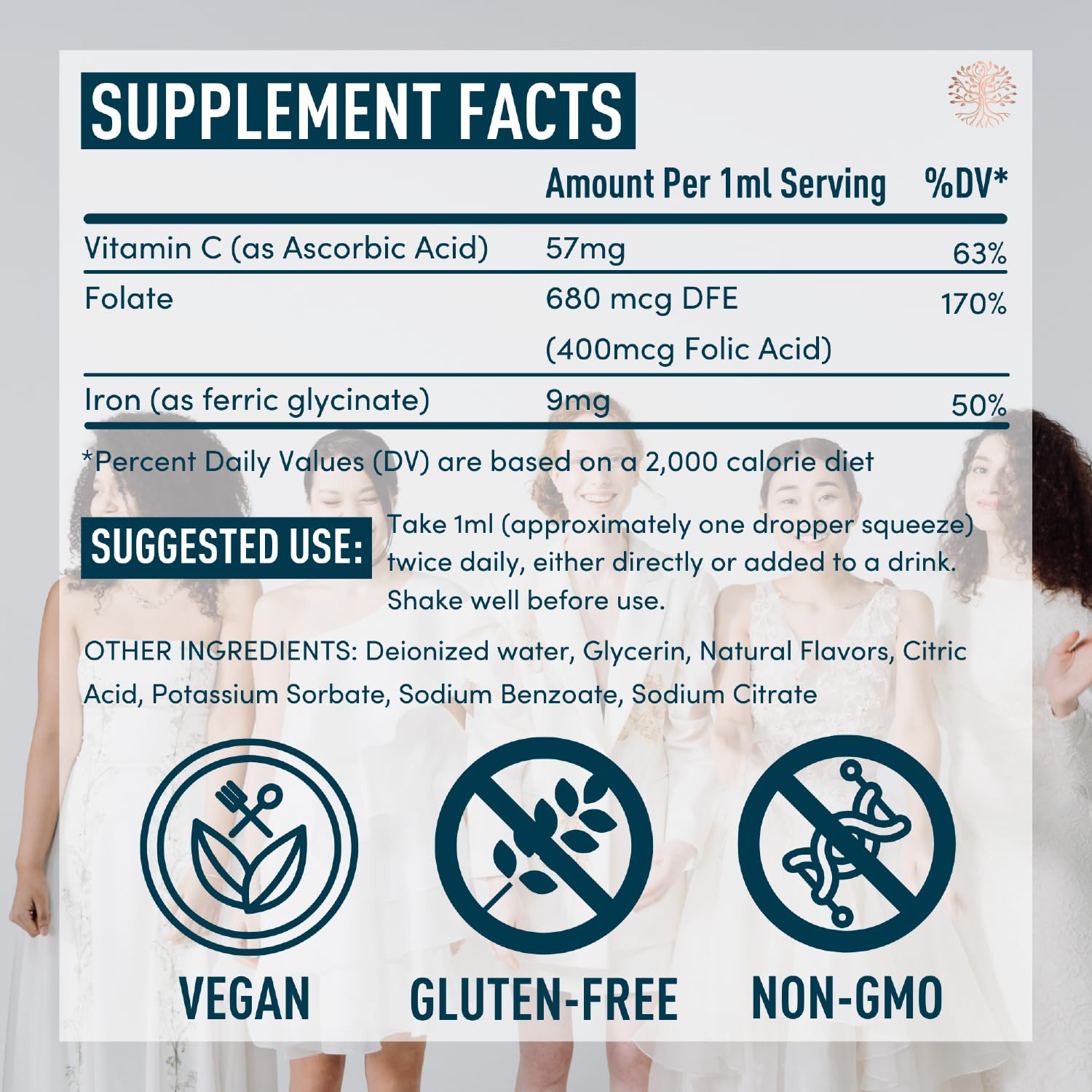 Product label highlighting folate and vegan iron