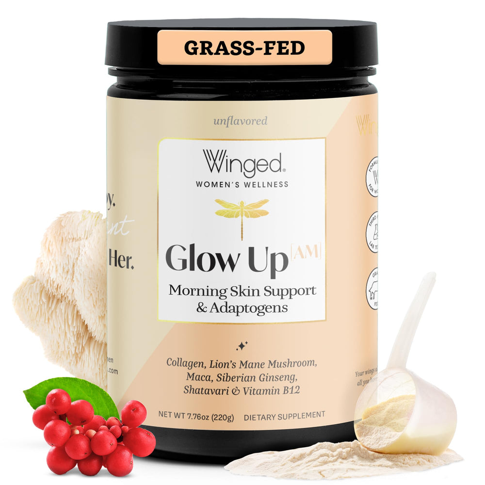 Winged Wellness Glow Up AM collagen powder jar with scoop