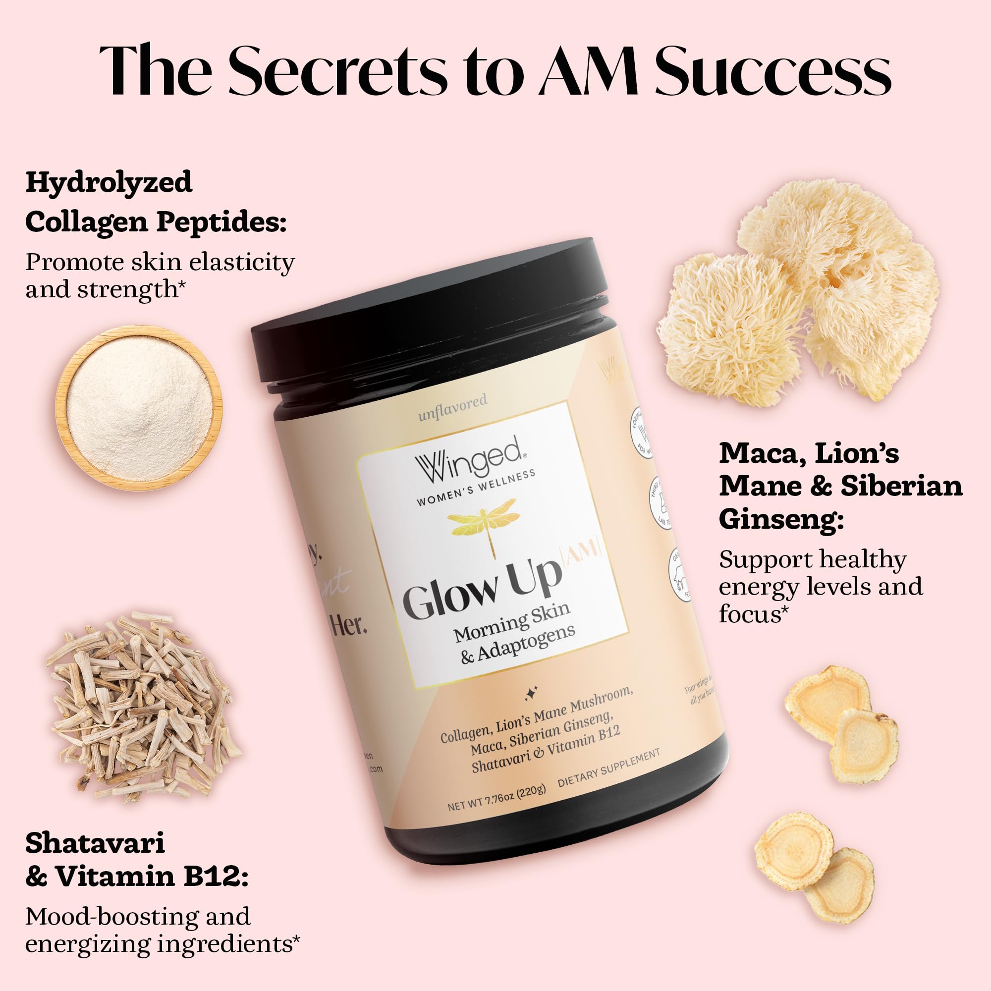 Close-up of ingredients: grass-fed hydrolyzed collagen peptides, Maca, Lion's Mane