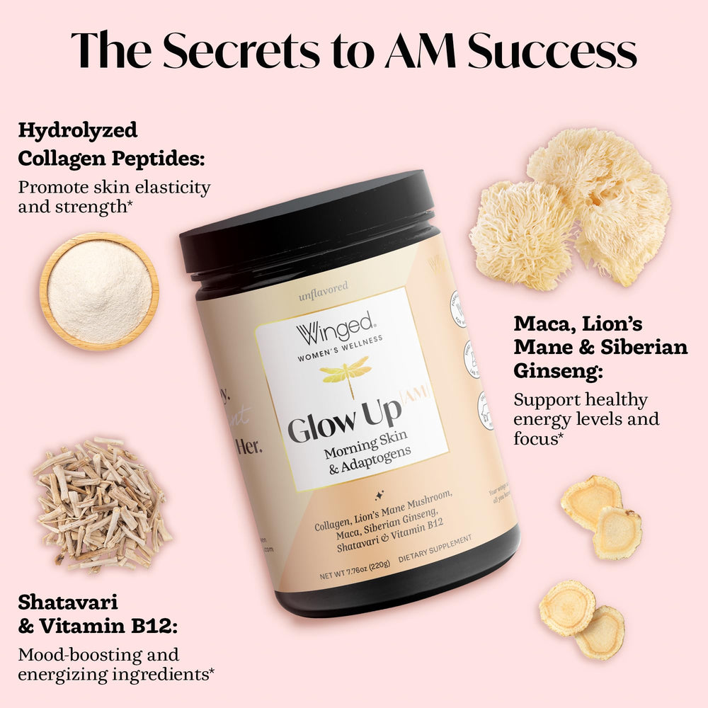 Close-up of ingredients: grass-fed hydrolyzed collagen peptides, Maca, Lion's Mane