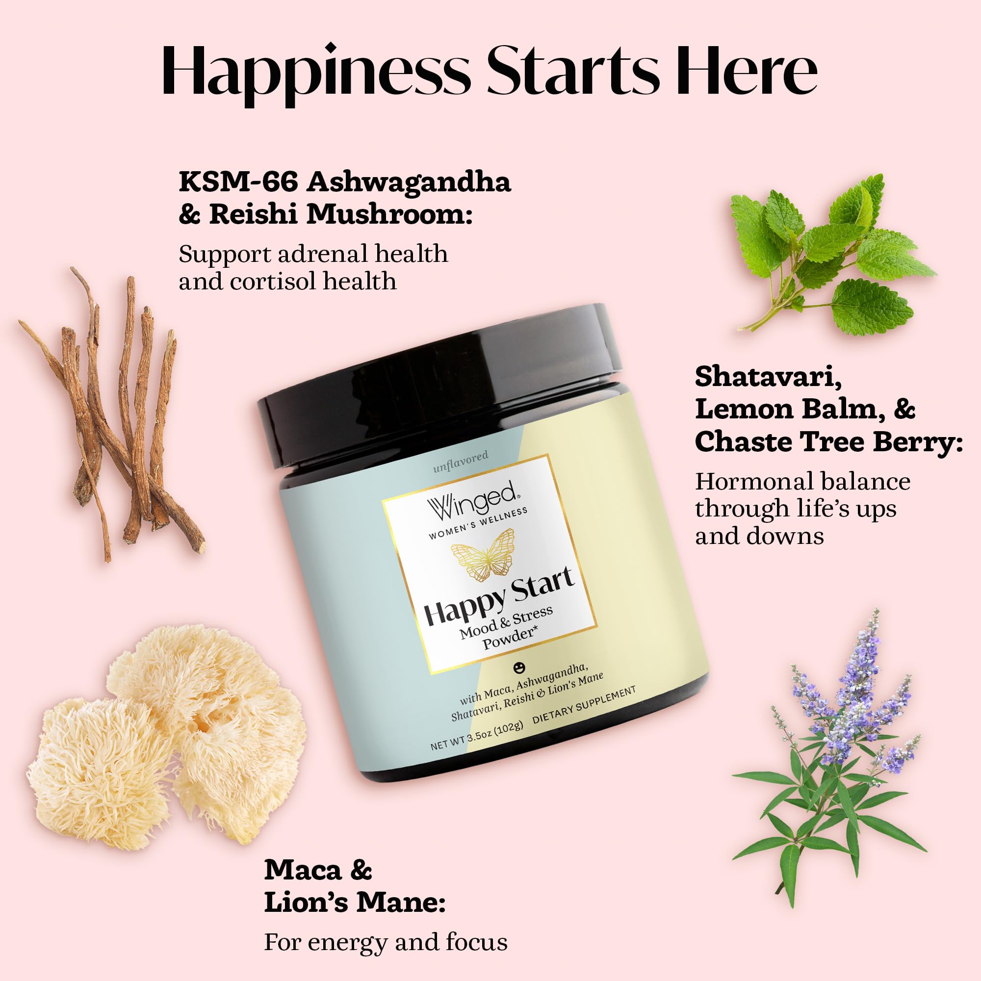 Close-up of Happy Start ingredients: ashwagandha, mushrooms, maca