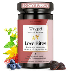 Winged Wellness Love Bites hero image featuring wild blueberry gummies