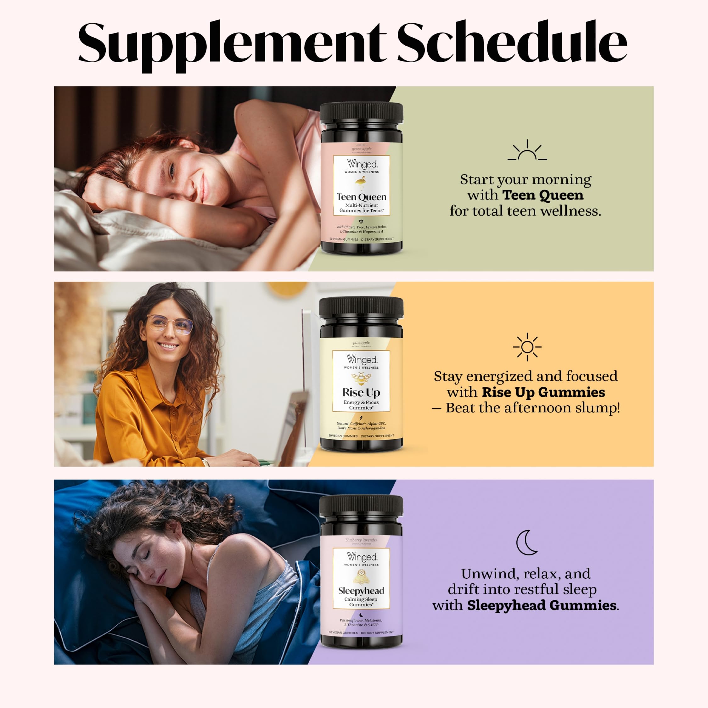 Front packaging view of Winged Wellness Teen Queen Gummies