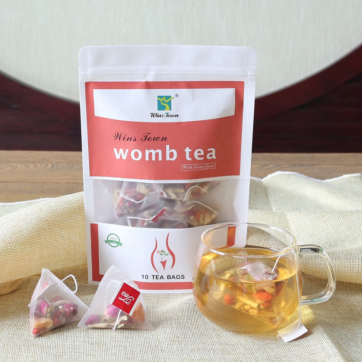 Individual pyramid tea bags ready for brewing Wins Town Womb Tea