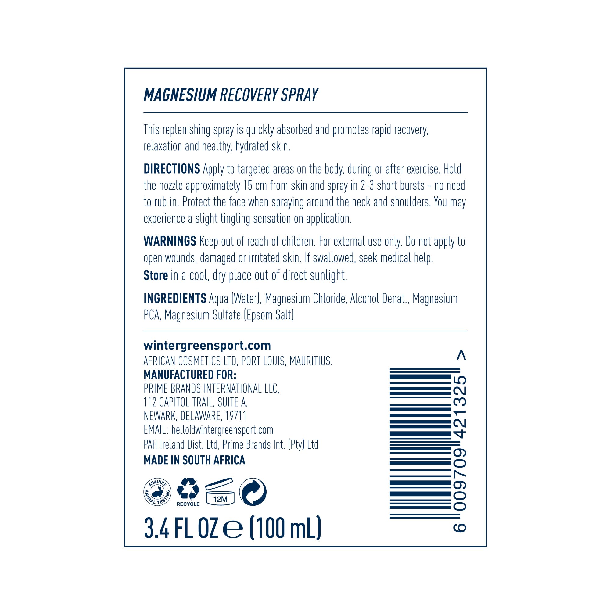 Close-up of Wintergreen Magnesium Body Spray label