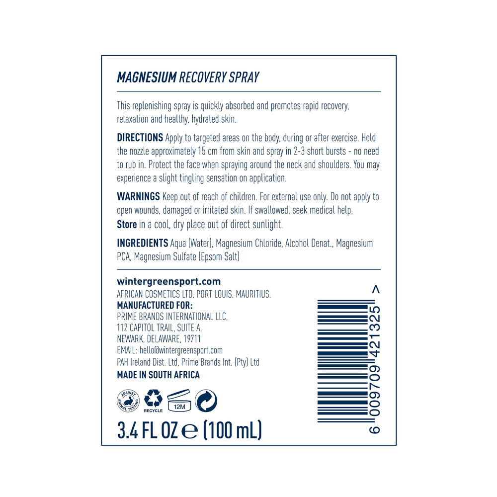 Close-up of Wintergreen Magnesium Body Spray label