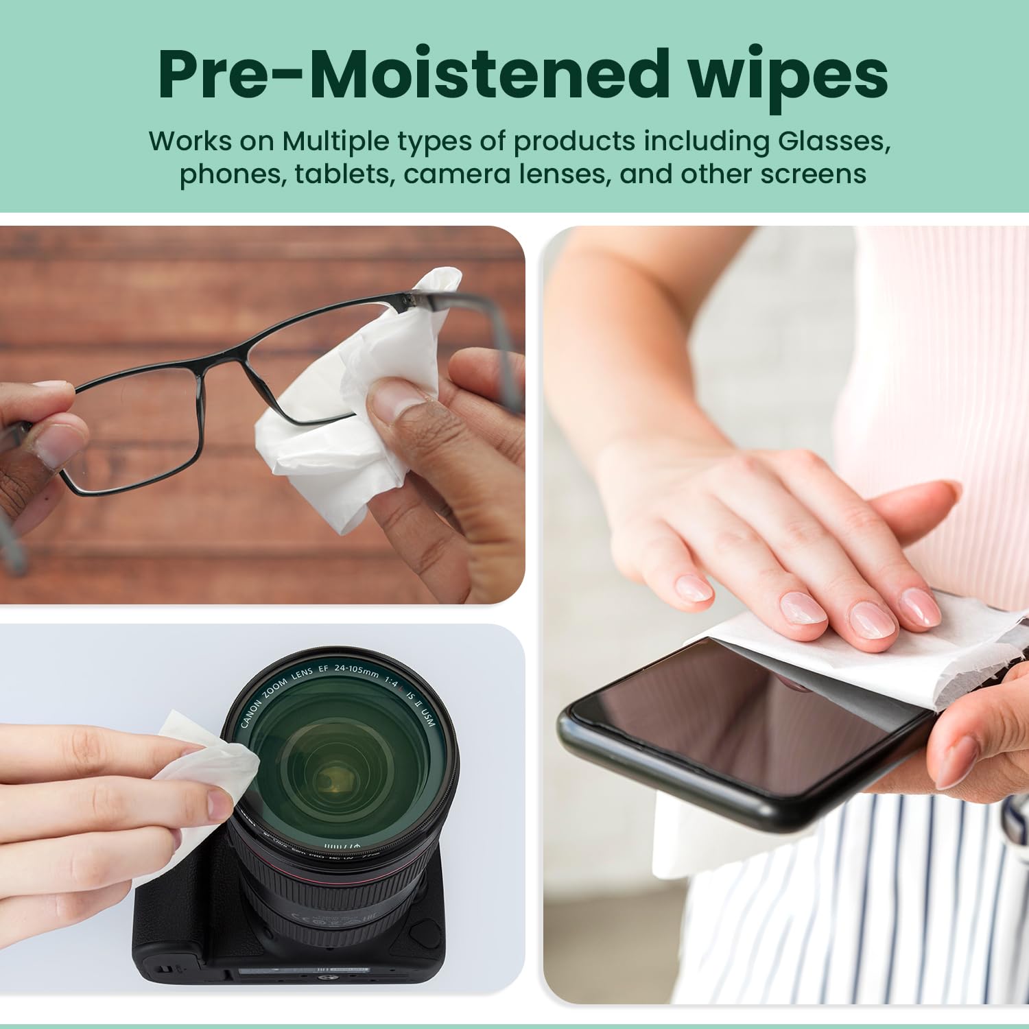 Single sealed WipeWell wipe packet for portable lens cleaning