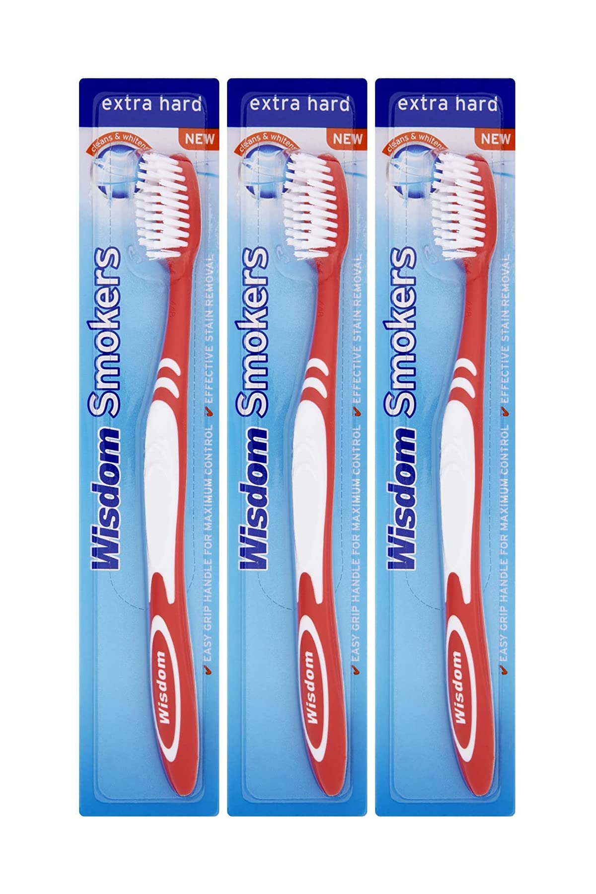 Front view of 3X Wisdom Smokers Extra Hard Toothbrush 3-pack