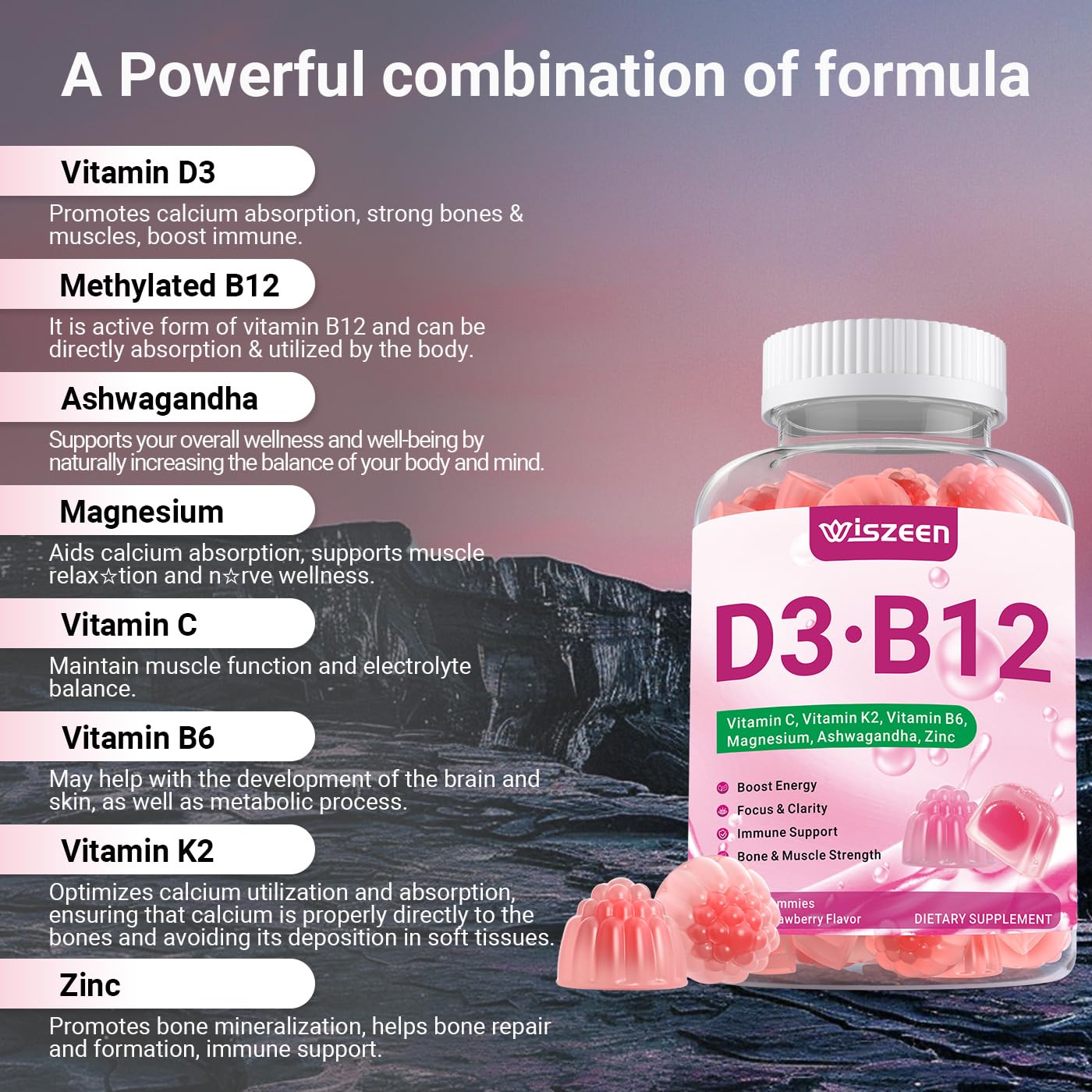 Ashwagandha, D3 and B12 components in Wiszeen gummies