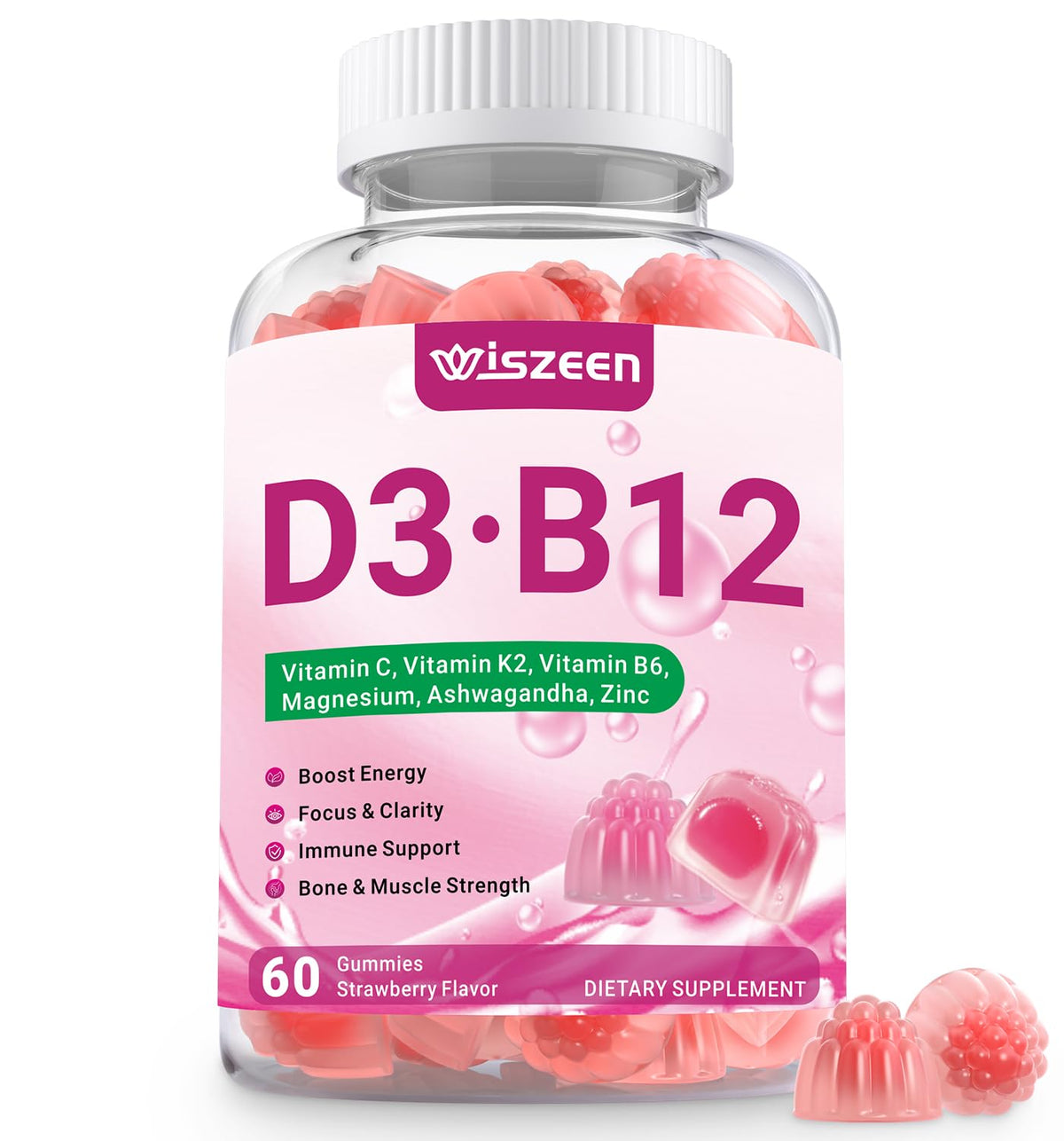 Wiszeen Vitamin D3 B12 Gummies bottle on a white background