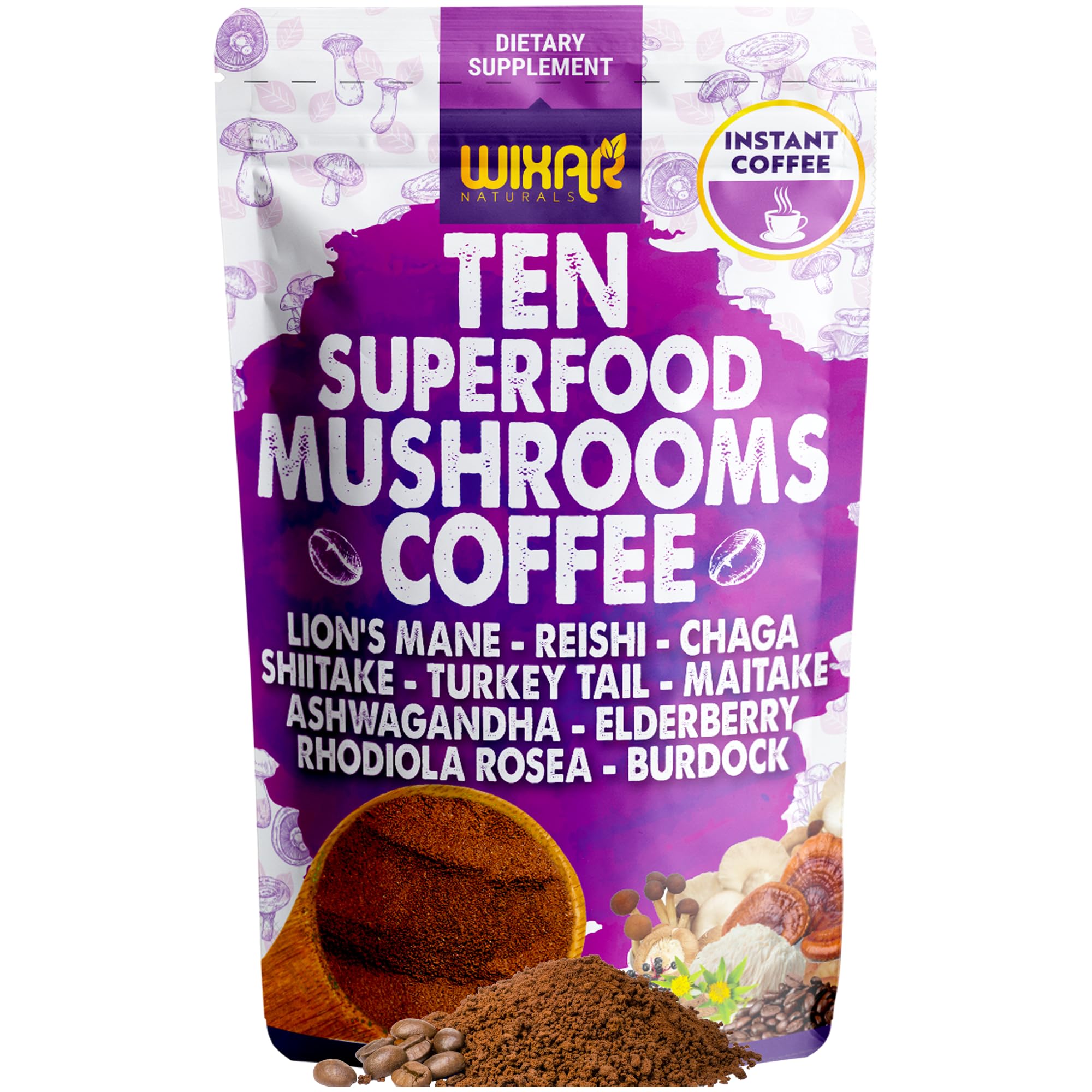 WIXAR Superfood Mushroom Coffee packaging – 5oz pouch