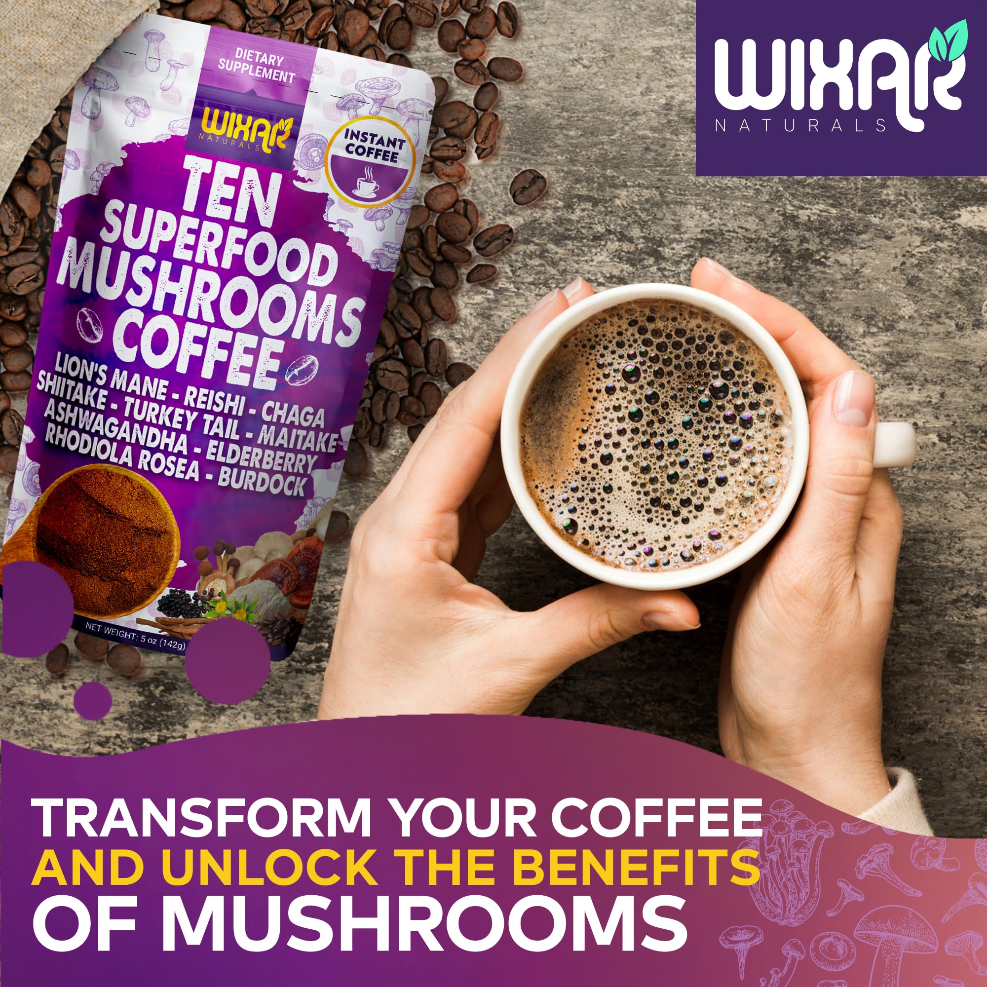 Lifestyle shot: mug of mushroom coffee on kitchen counter
