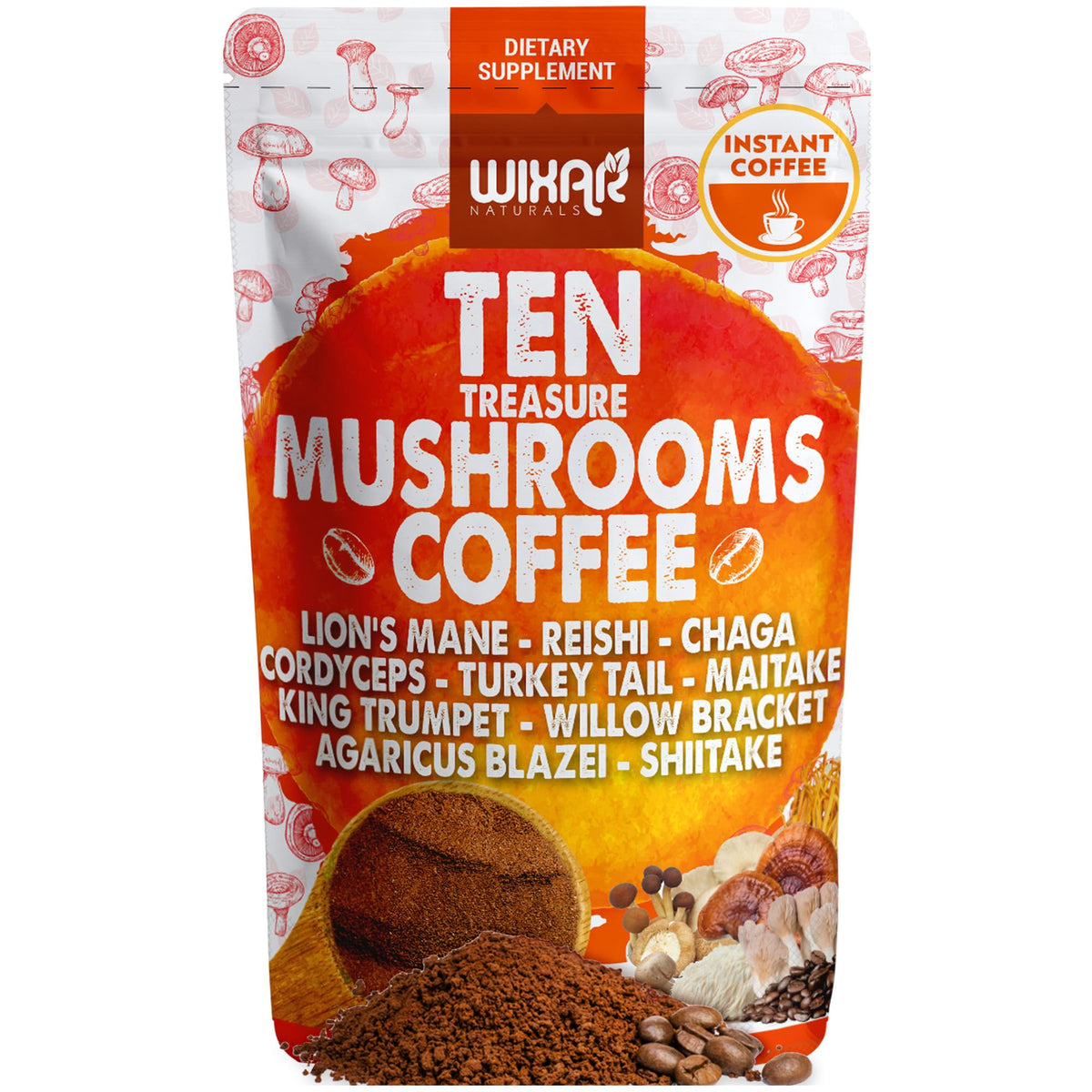 Wixar Mushroom Coffee Blend cover with Ten-Mushroom ingredients