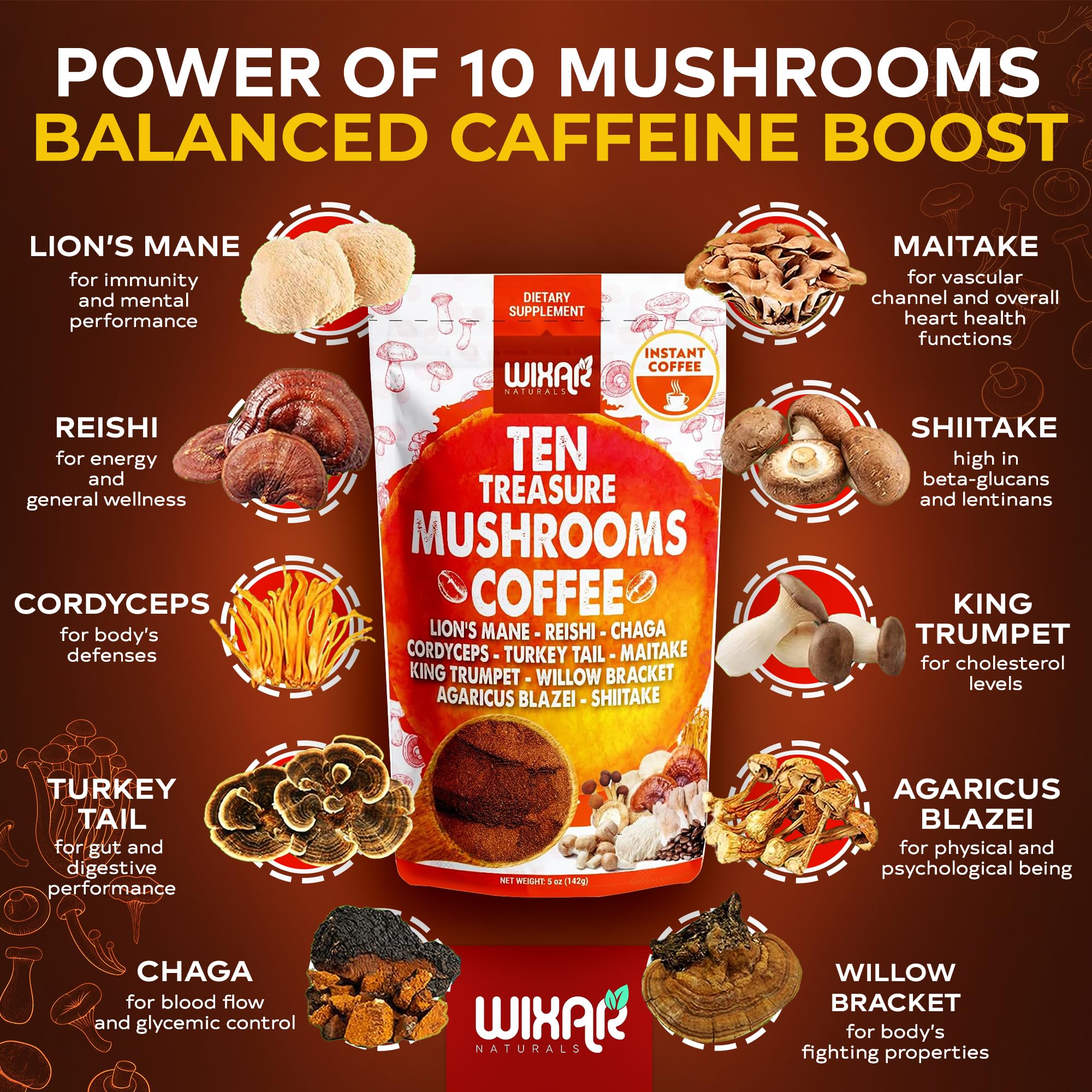 Ten mushrooms included in the blend: Lion's Mane, Reishi, Chaga, Cordyceps, Shiitake, Turkey Tail, Maitake, King Trumpet, Willow Bracket, Agaricus Blazei