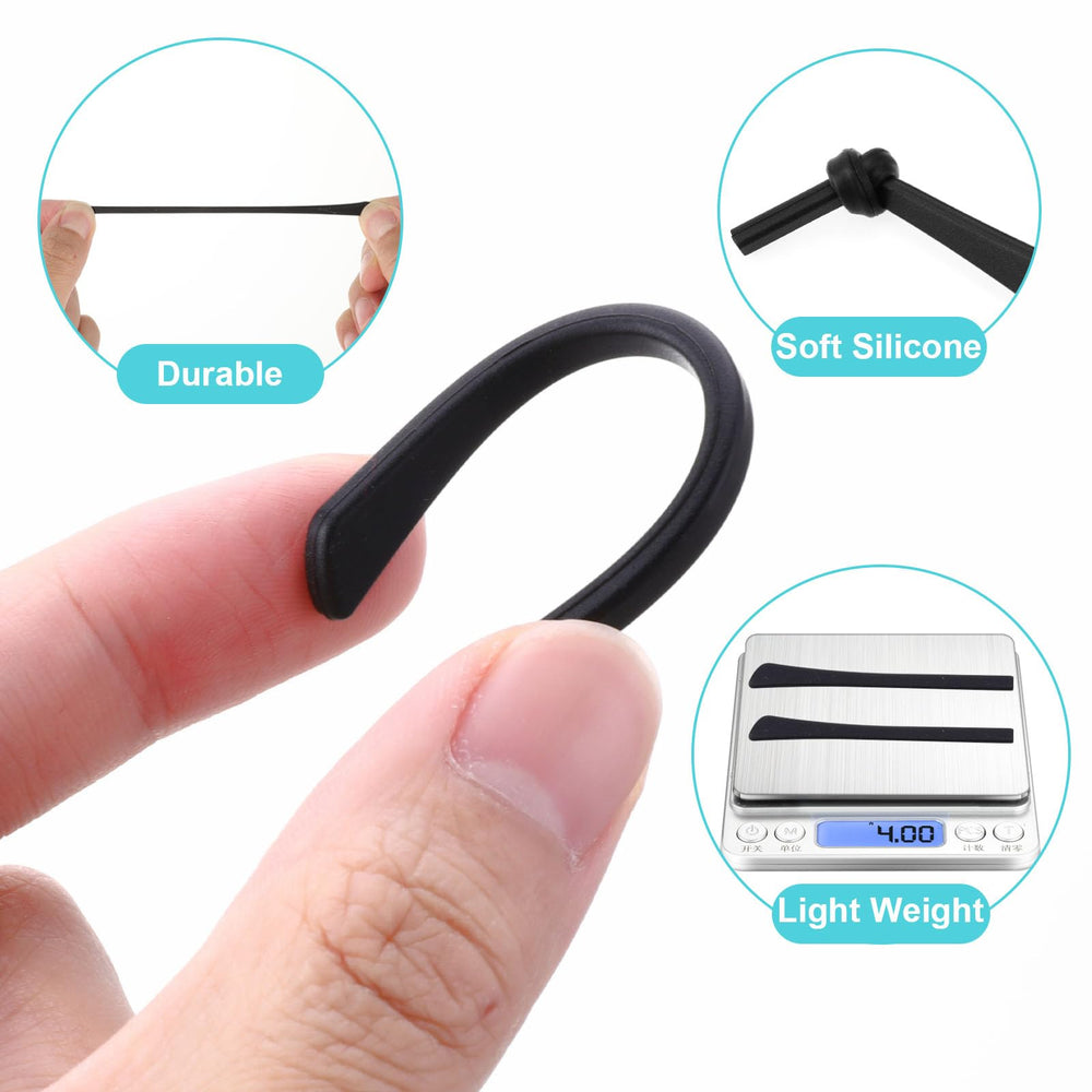 Close-up of soft black silicone temple tips for thin metal frames