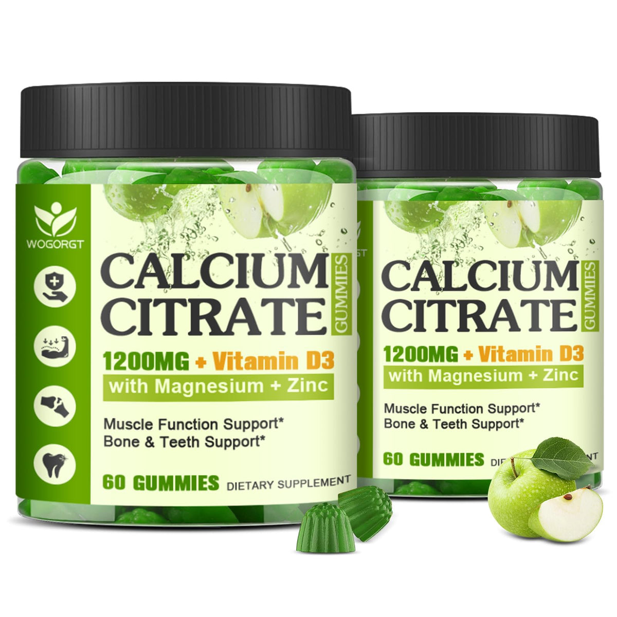 WOGORGT front packaging showing apple gummies and supports convenient supplementation