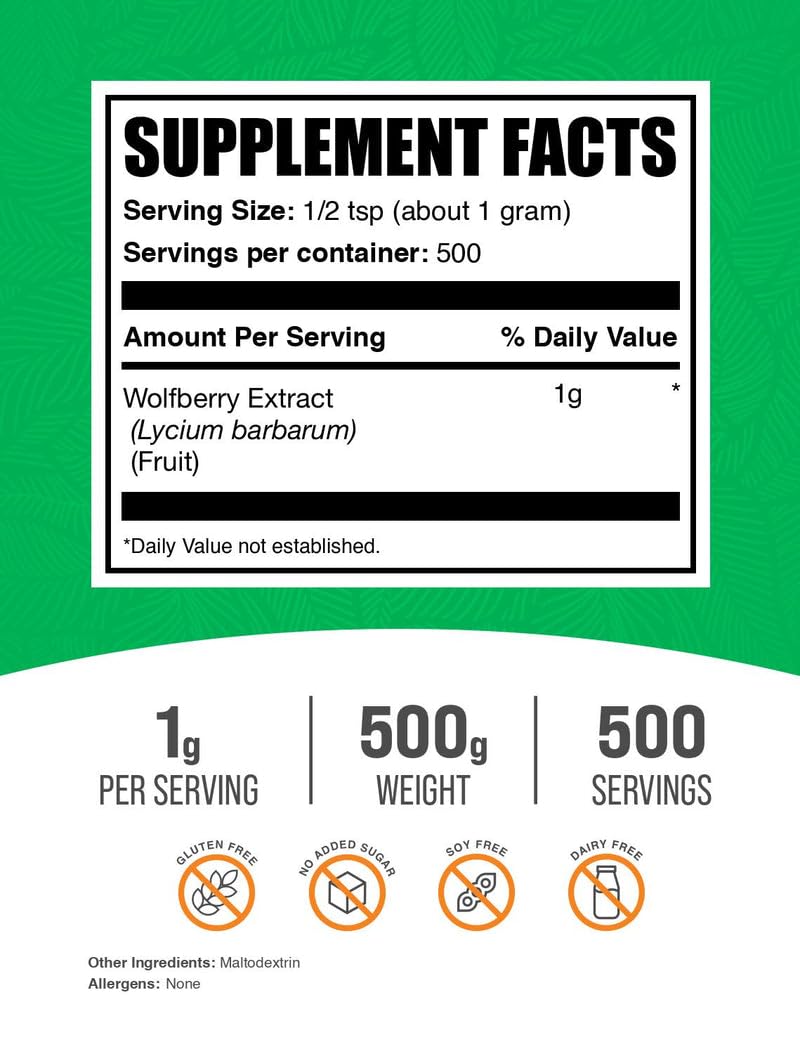 Back label showing product details for Wolfberry Extract Powder 500g