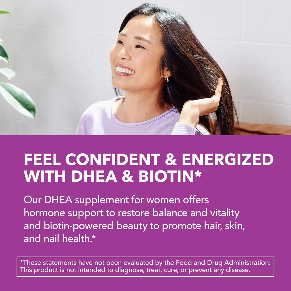 Woman taking the DHEA Biotin supplement as part of daily wellness routine