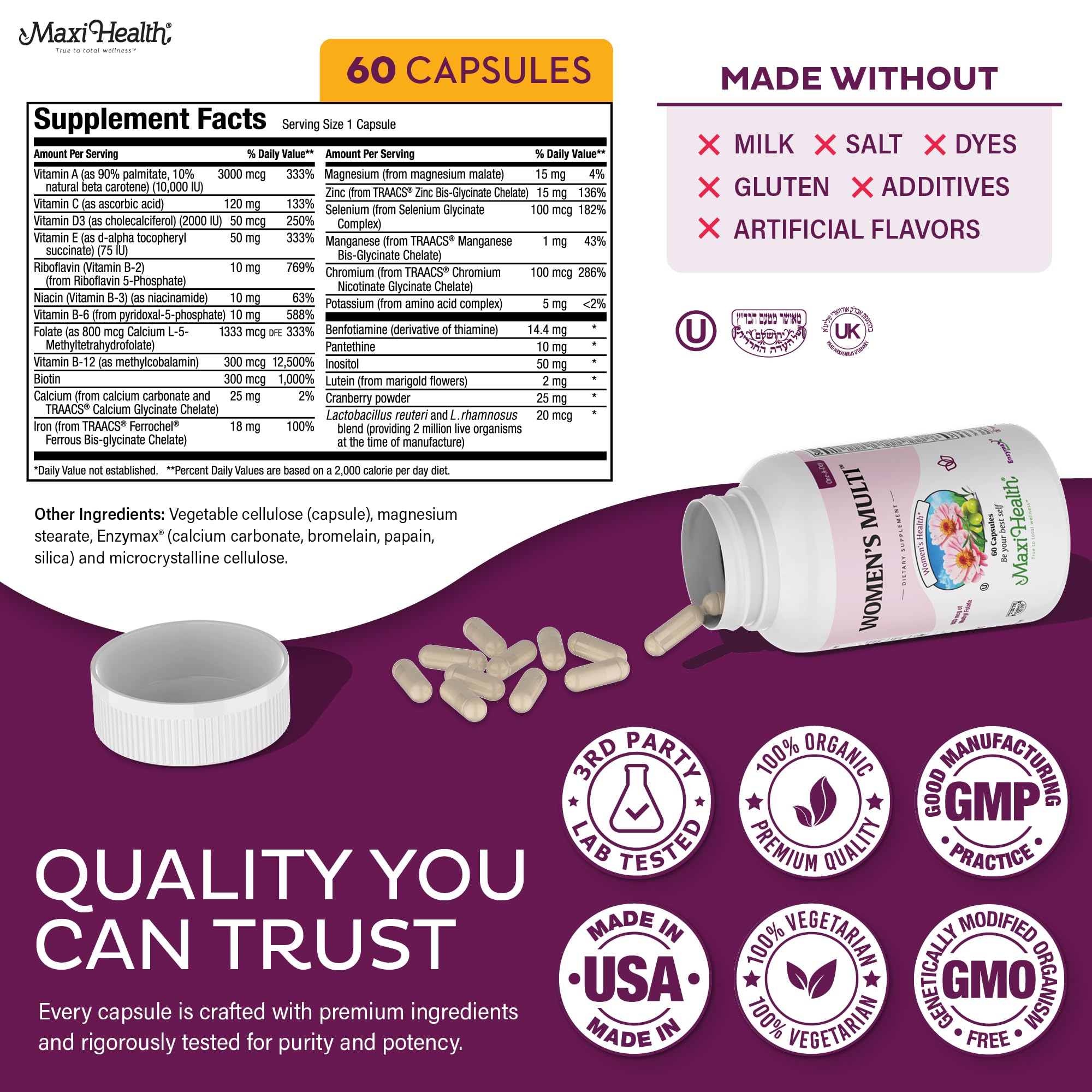 Kosher certification on multivitamin packaging